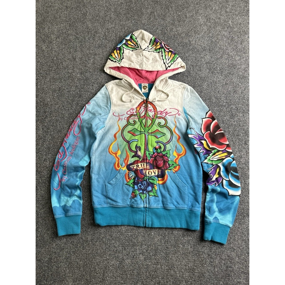 Women's Ed Hardy Christian Audigier True Love Tattoo Floral Zip Hoodie, Size XS